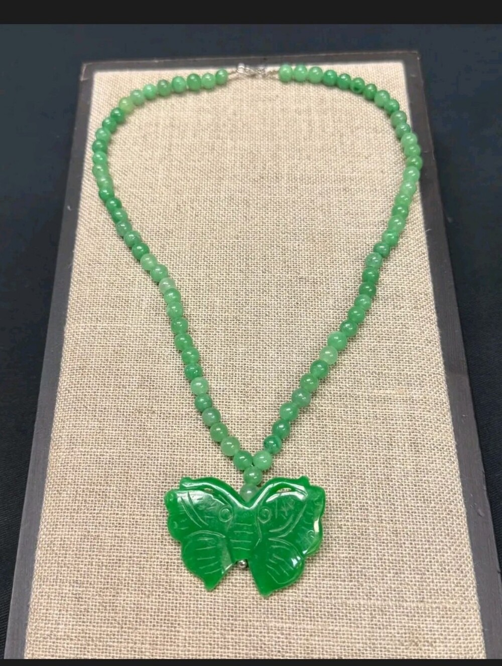 Burmese Green Jade Beaded Carved Butterfly Necklace 18"